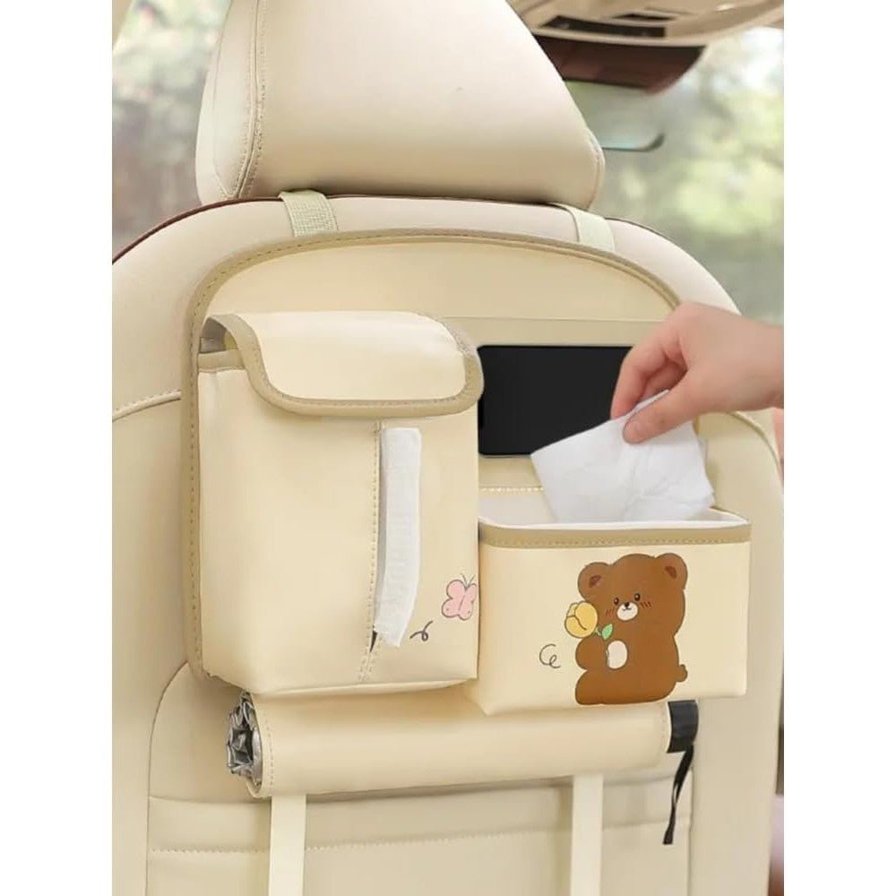 Geanta Multifunctionala de Depozitare, Kadeny, pentru Bancheta din Spate a Masinii, Animat, Model Ursuleti, Scris Good Day, Suport Servetele si Telefon, 25x31 cm, Bej