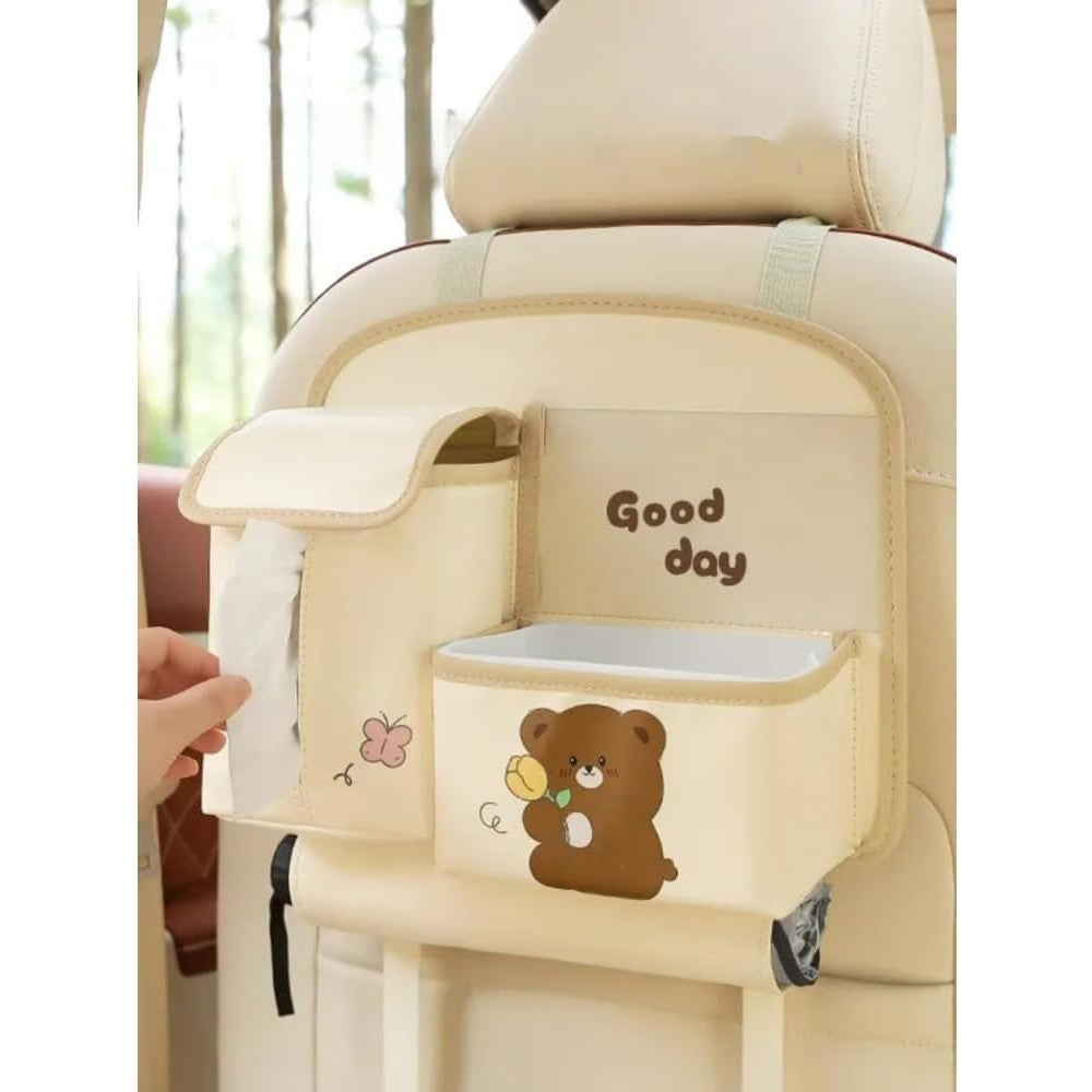 Geanta Multifunctionala de Depozitare, Kadeny, pentru Bancheta din Spate a Masinii, Animat, Model Ursuleti, Scris Good Day, Suport Servetele si Telefon, 25x31 cm, Bej