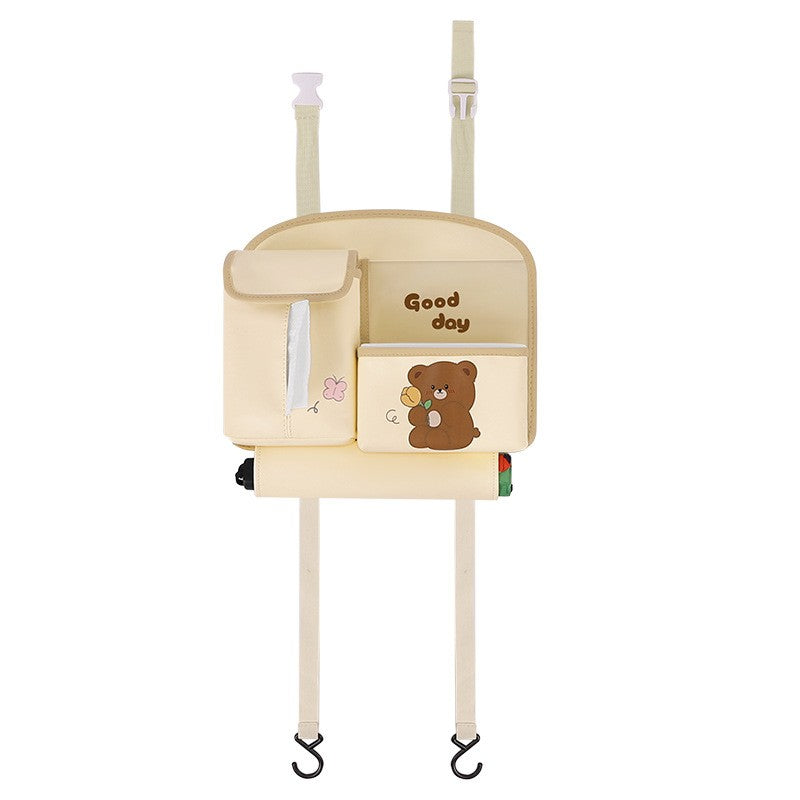 Geanta Multifunctionala de Depozitare, Kadeny, pentru Bancheta din Spate a Masinii, Animat, Model Ursuleti, Scris Good Day, Suport Servetele si Telefon, 25x31 cm, Bej