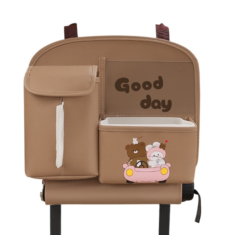 Geanta Multifunctionala de Depozitare, Kadeny, pentru Bancheta din Spate a Masinii, Animat, Model Ursuleti, Scris Good Day, Suport Servetele si Telefon, 25x31 cm, Maro