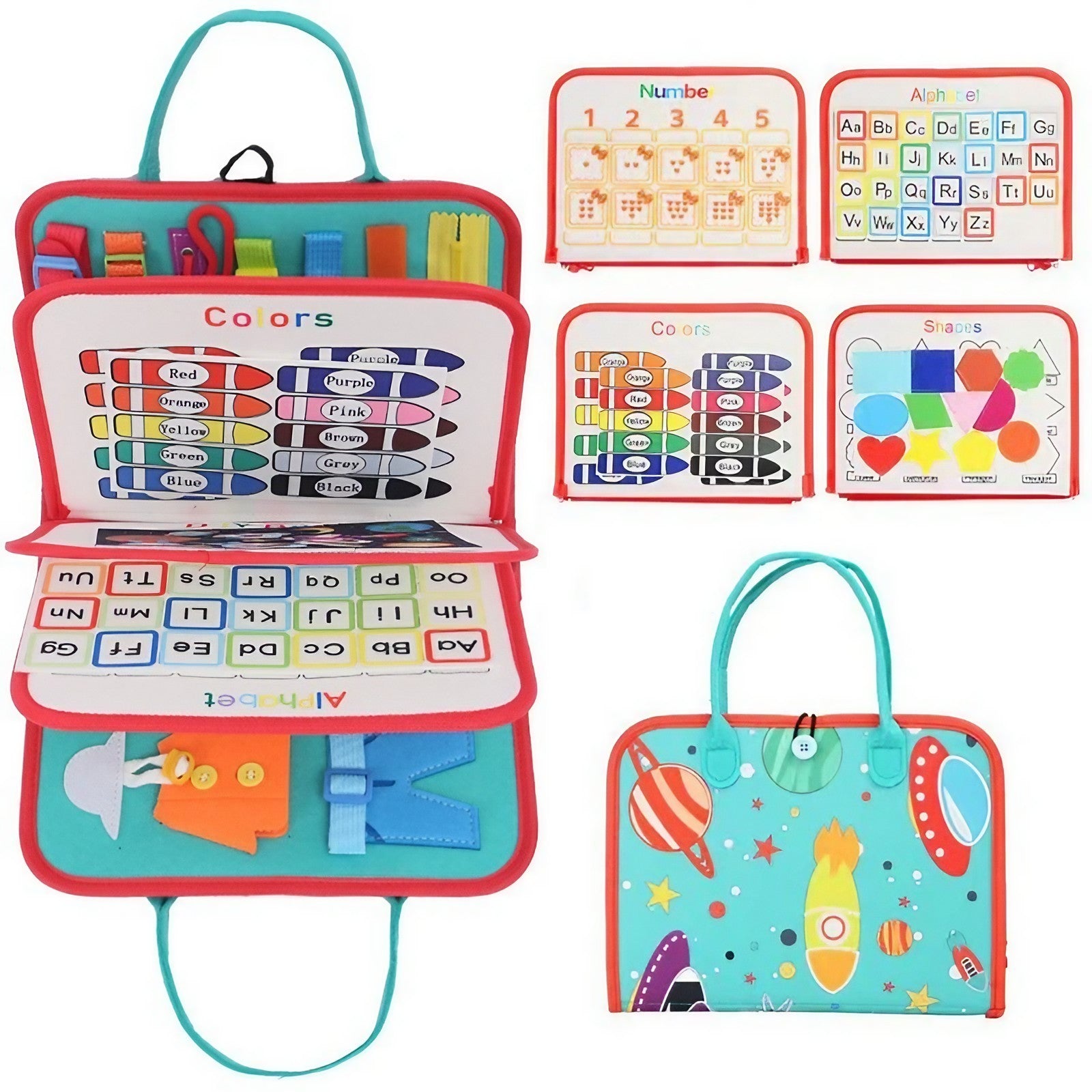 Carte Senzoriala Educativa Montessori, Kaveny, cu Activitati, Dezvoltare Abilitati Motorii, 4 Pagini, Model Spatiu Cosmic, 28x22x7 cm, Albastru