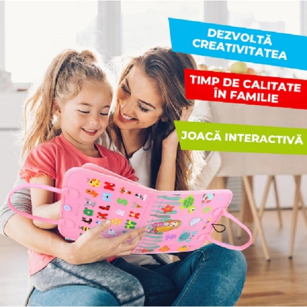 Carte Senzoriala Educativa Montessori, Kaveny, Dezvoltare Abilitati Motorii, 3 Pagini, Model Sirena si Alfabet, 28x25x4 cm, Roz