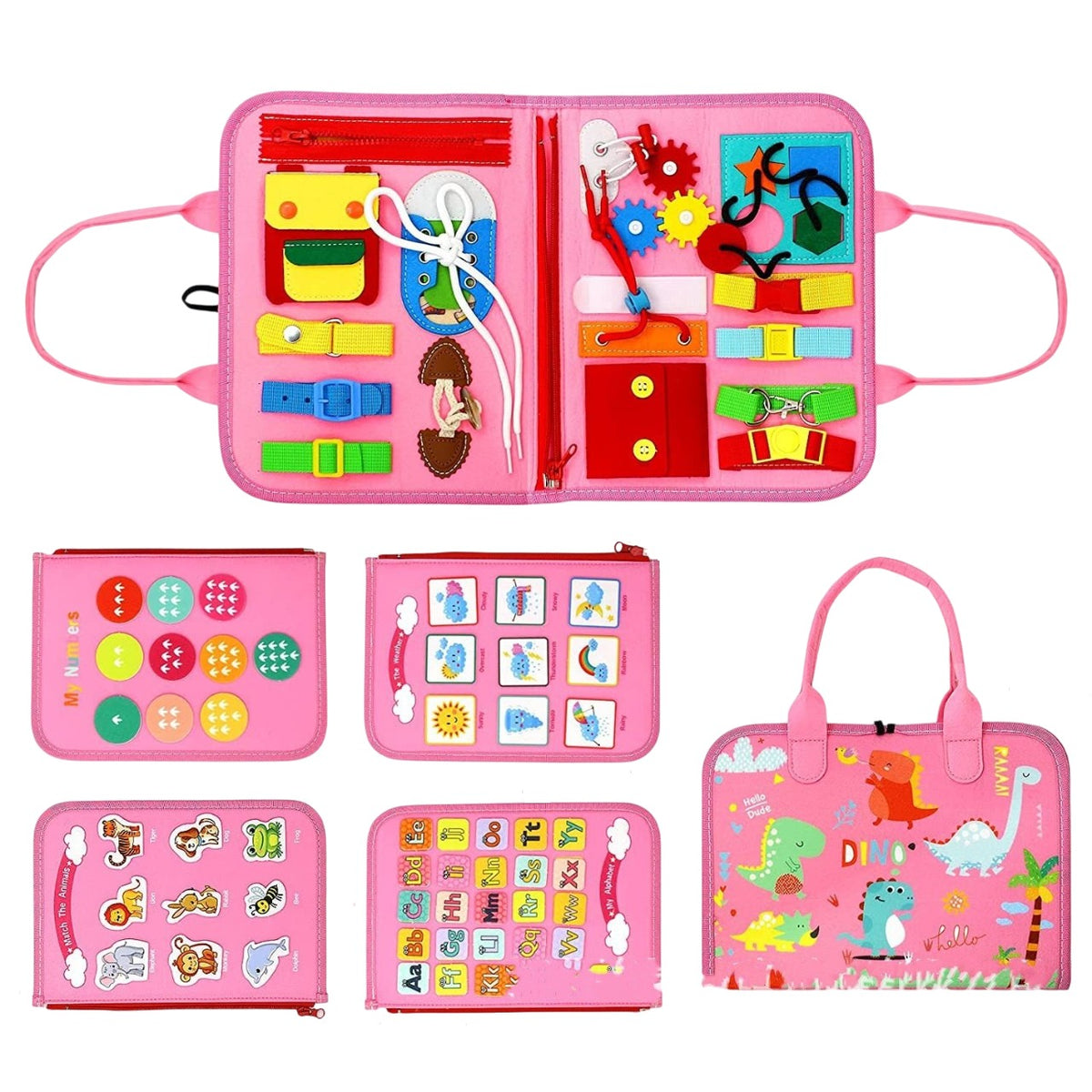 Carte Senzoriala Educativa Montessori 7in1, Kaveny, 26 de Activitati, Dezvoltare Abilitati Motorii, 4 Pagini, Model Dinozauri, 28x22x7 cm, Roz