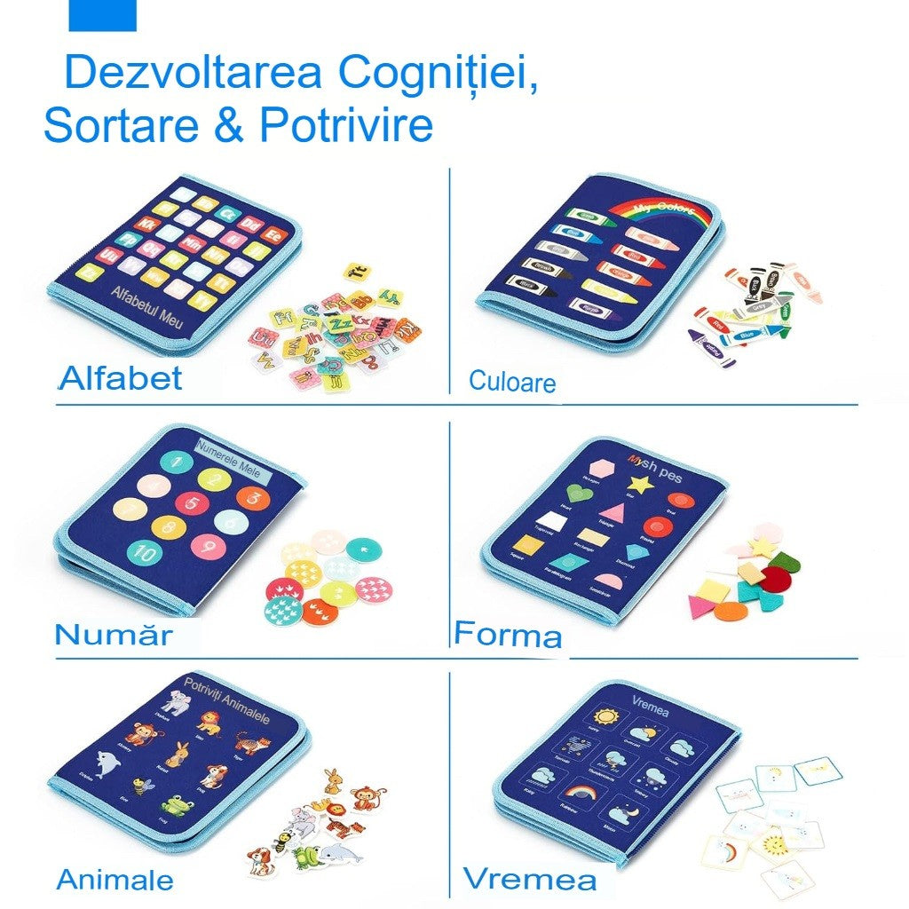 Carte Senzoriala Educativa Montessori, Kaveny, Dezvoltare Abilitati Motorii, 5 Pagini, Model Dinozauri, 28x22x7 cm, Albastru