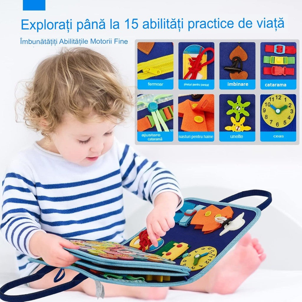 Carte Senzoriala Educativa Montessori, Kaveny, Dezvoltare Abilitati Motorii, 5 Pagini, Model Dinozauri, 28x22x7 cm, Albastru