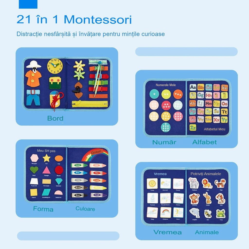 Carte Senzoriala Educativa Montessori, Kaveny, Dezvoltare Abilitati Motorii, 5 Pagini, Model Dinozauri, 28x22x7 cm, Albastru