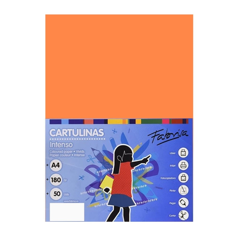 Carton colorat A4 Fabrisa 15461, 180g/mp, portocaliu intens, top 50 coli