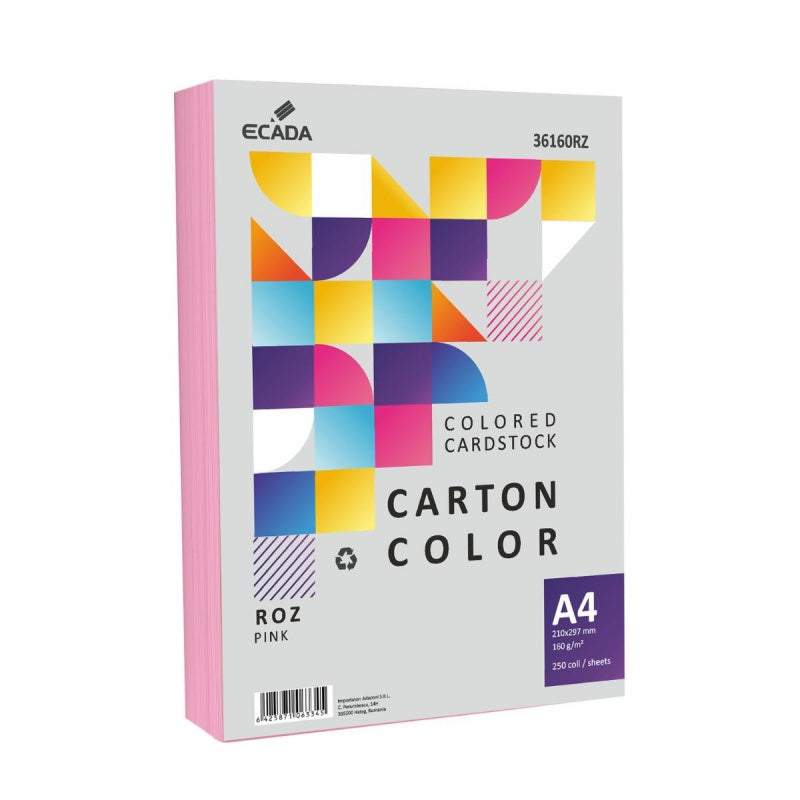 Carton colorat A4 Ecada 36160RZ, 160g/mp, roz, top 250 coli