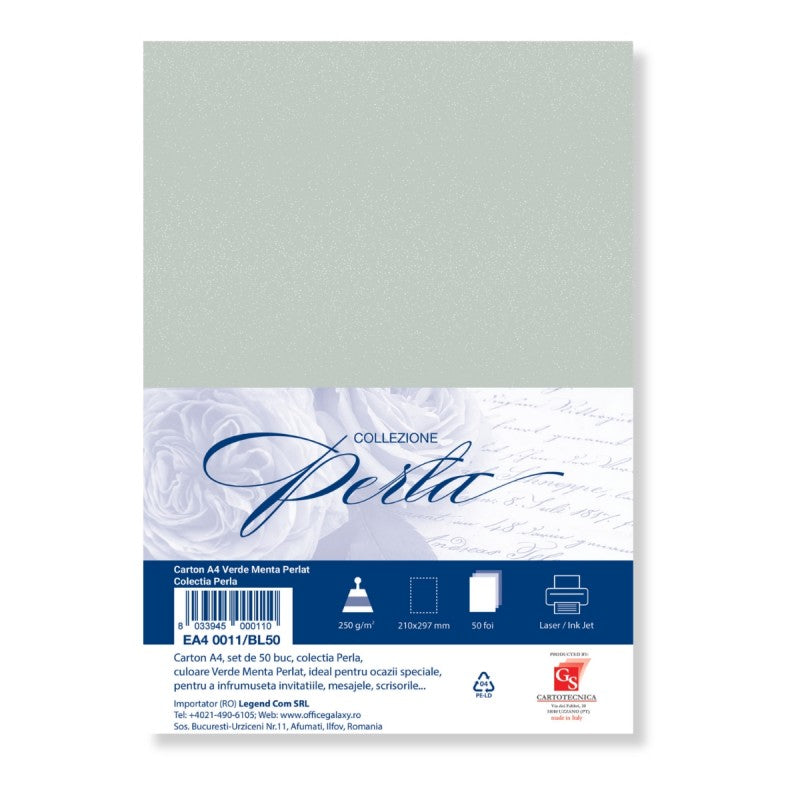 Carton special colorat A4 Colorarte Perla, 250g/mp, verde menta perlat, top 50 coli
