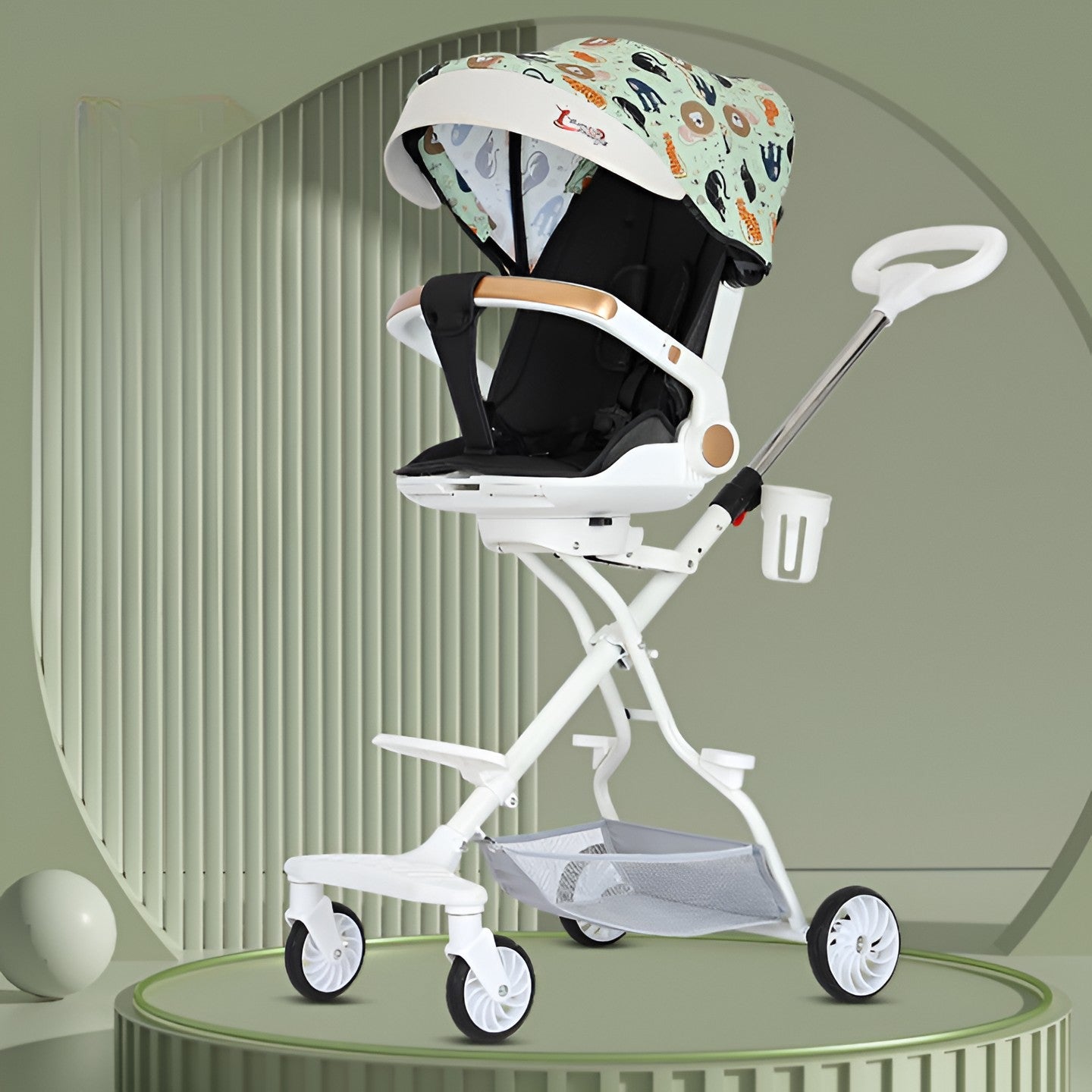 Carucior Sport Kaveny 3in1, 6-36 Luni, Reversibil, Pliabil, Tavita pentru Masa, Pozitie de Somn, Centura de Siguranta, Roti 360, Suport Pahar, Copertina pentru Soare, 32x63x95cm, Verde Model Jungla