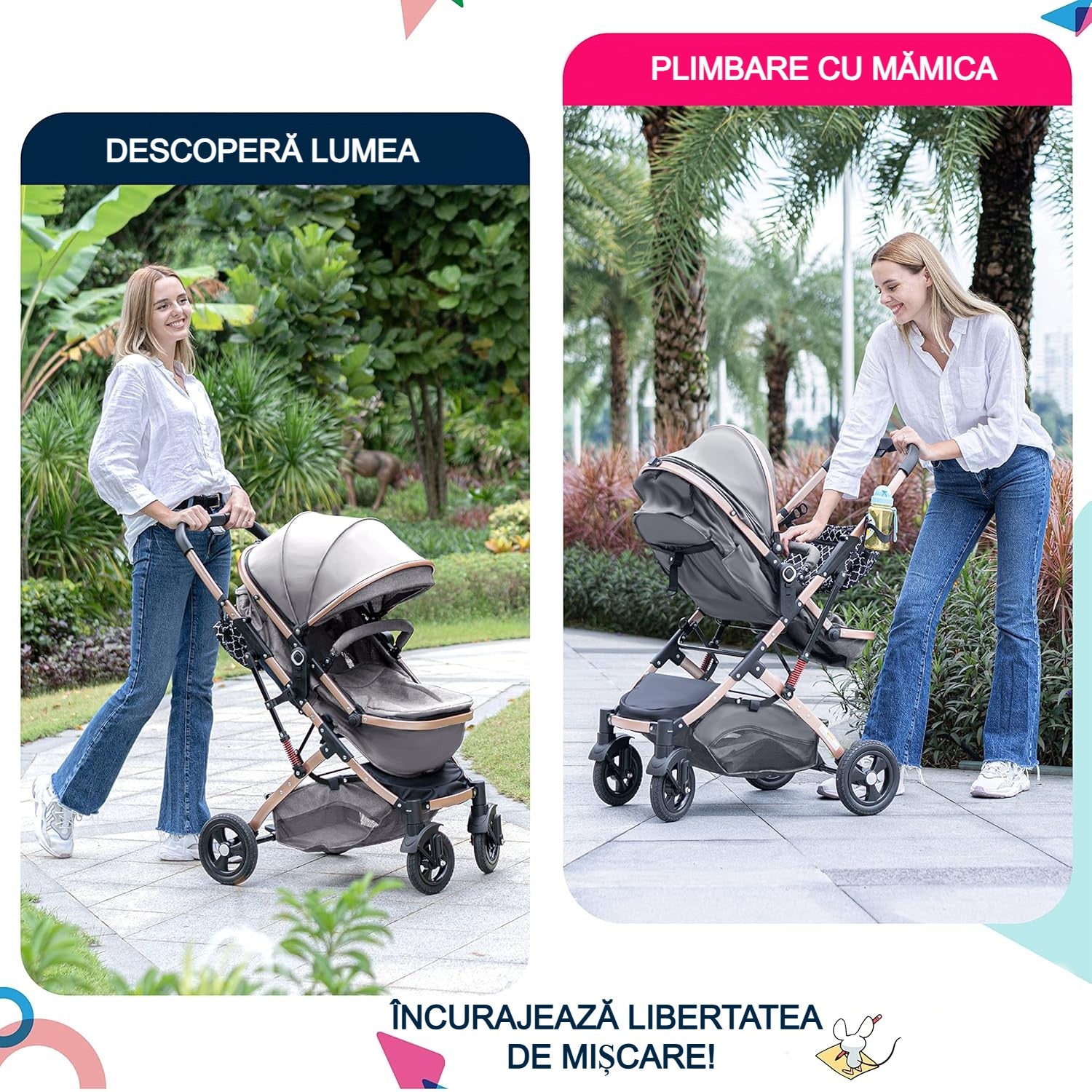 Carucior, 2 in 1 KIDOO® – Carucior Pliabil cu Fata Inversa pentru Bebelusi cu Diverse Moduri, Carucior Reglabil si Culisant