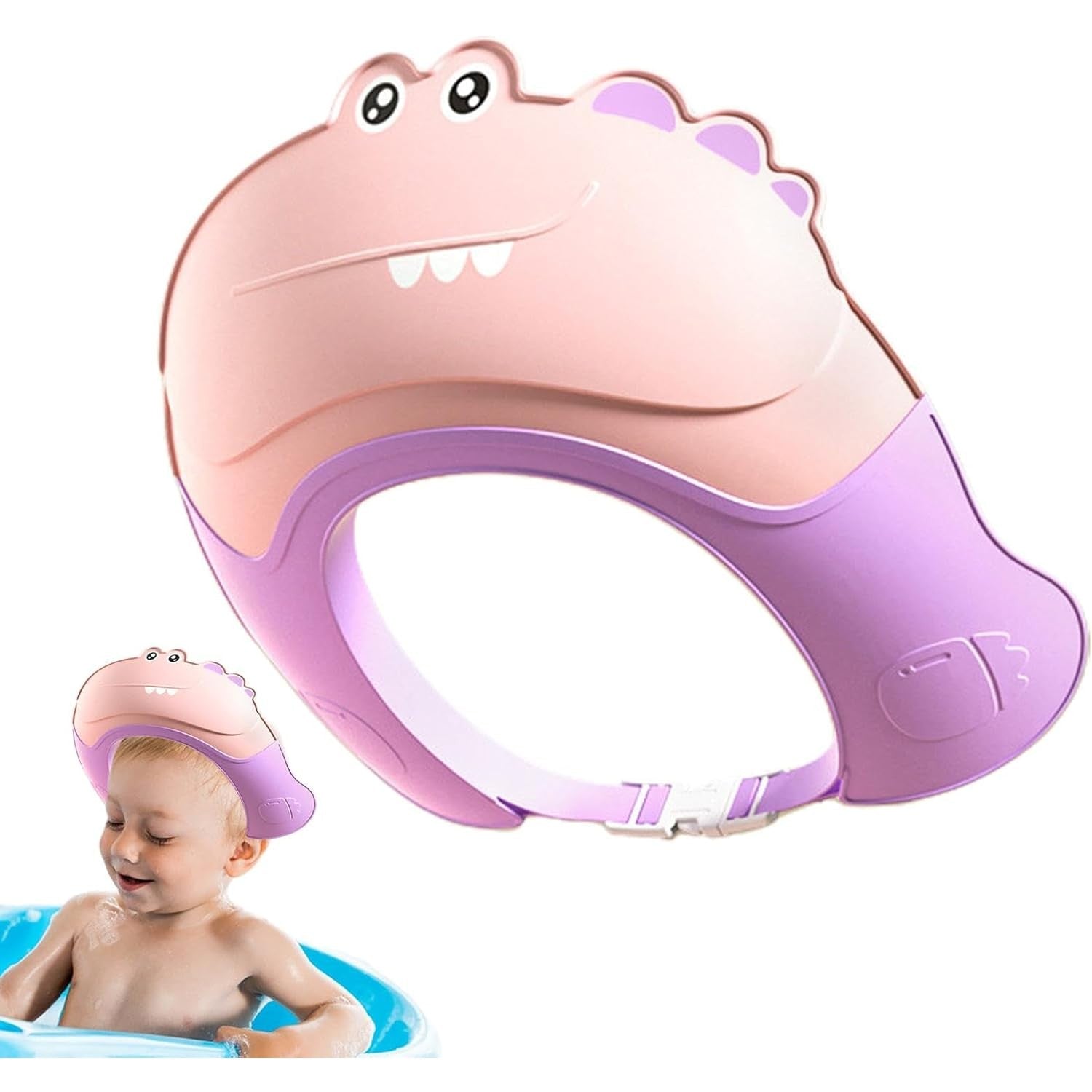 Casca de Dus, Kadeny, Previne Scurgerea Apei si Samponului pe Fata, 0-12 Ani, Ajustabila, din TPE+PP, 20 x 23 cm, Model Crocodil, Roz/Mov