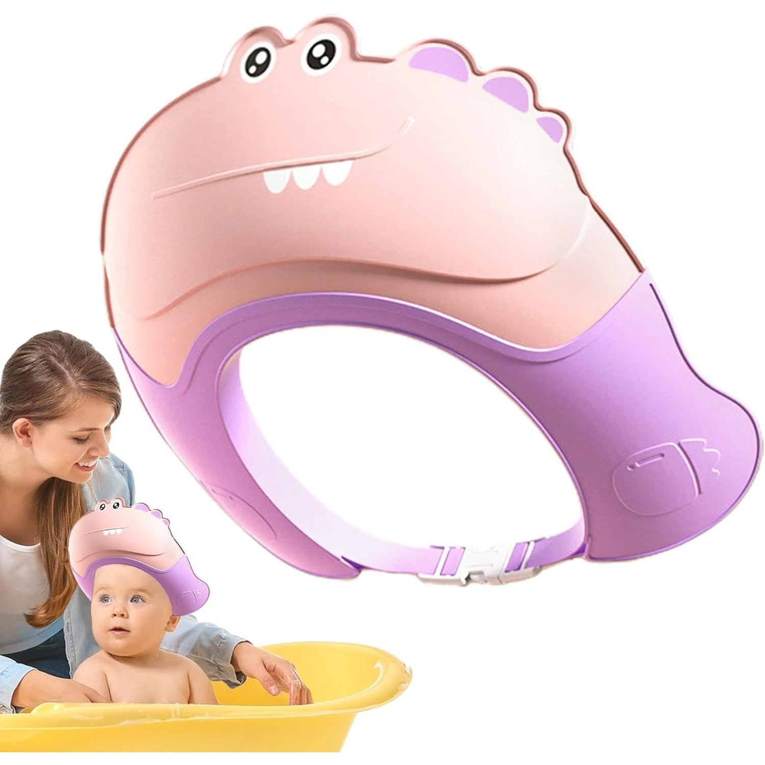 Casca de Dus, Kadeny, Previne Scurgerea Apei si Samponului pe Fata, 0-12 Ani, Ajustabila, din TPE+PP, 20 x 23 cm, Model Crocodil, Roz/Mov