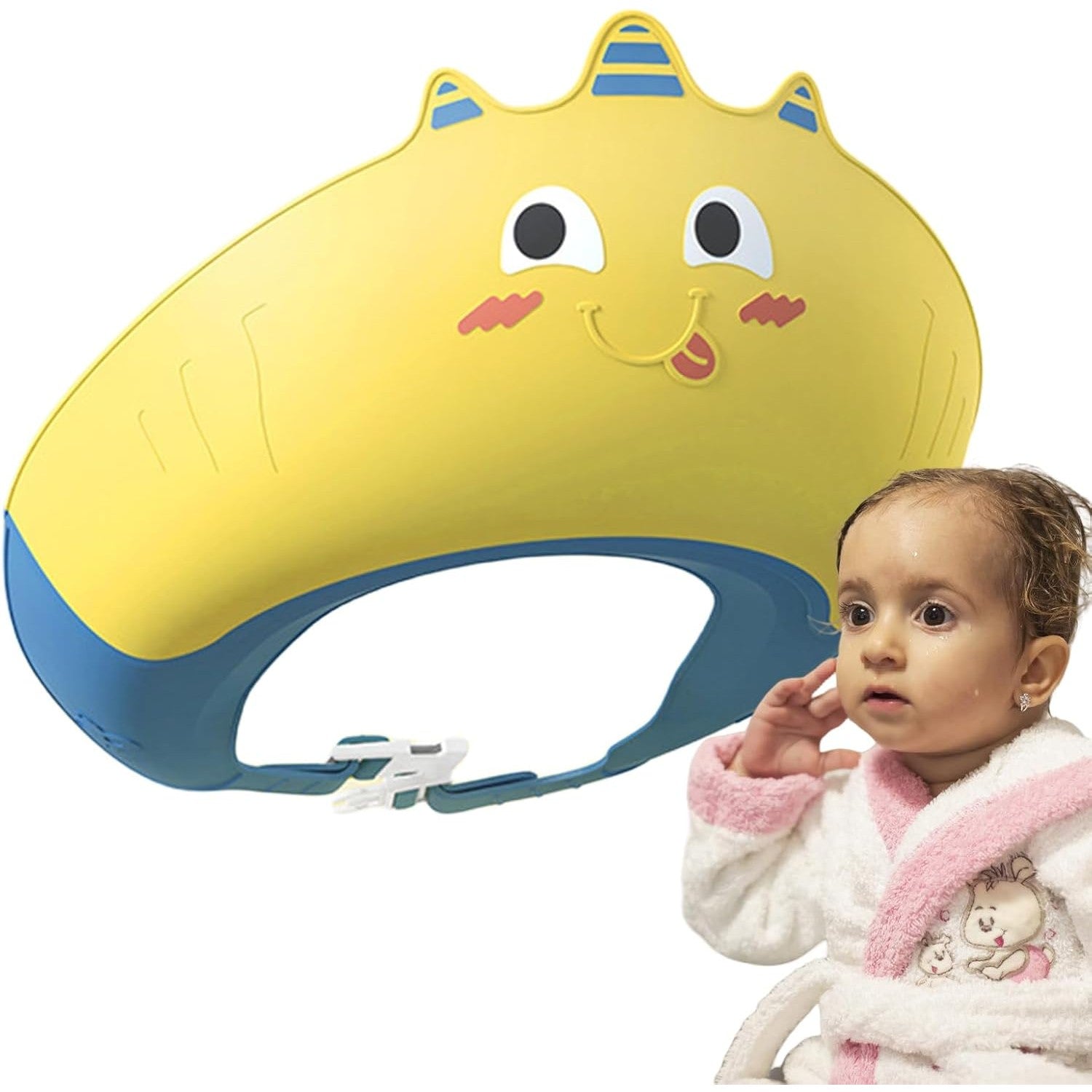 Casca de Dus, Kadeny, Previne Scurgerea Apei si Samponului pe Fata, 0-12 Ani, Ajustabila, din TPE+PP, 20 x 23 cm, Model Unicorn, Galben/Albastru