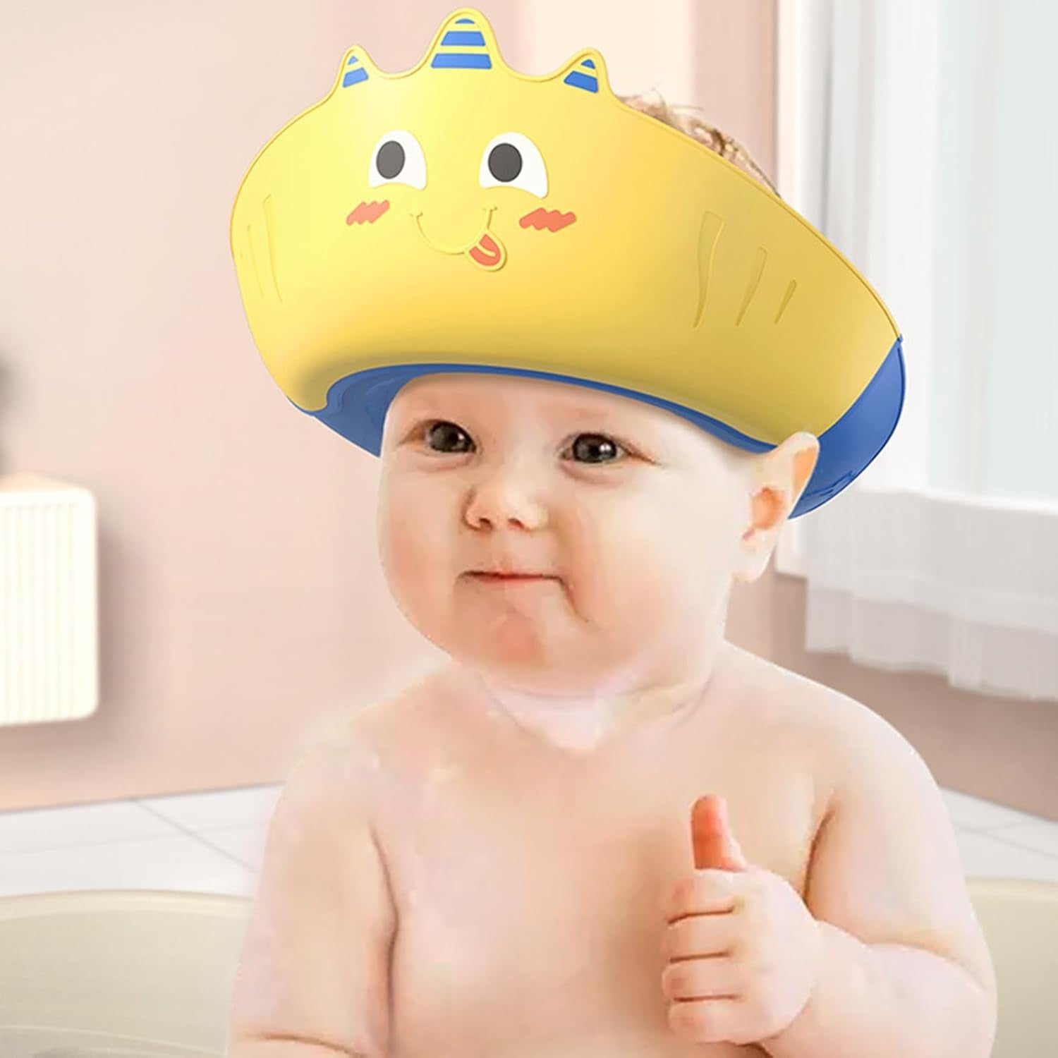 Casca de Dus, Kadeny, Previne Scurgerea Apei si Samponului pe Fata, 0-12 Ani, Ajustabila, din TPE+PP, 20 x 23 cm, Model Unicorn, Galben/Albastru