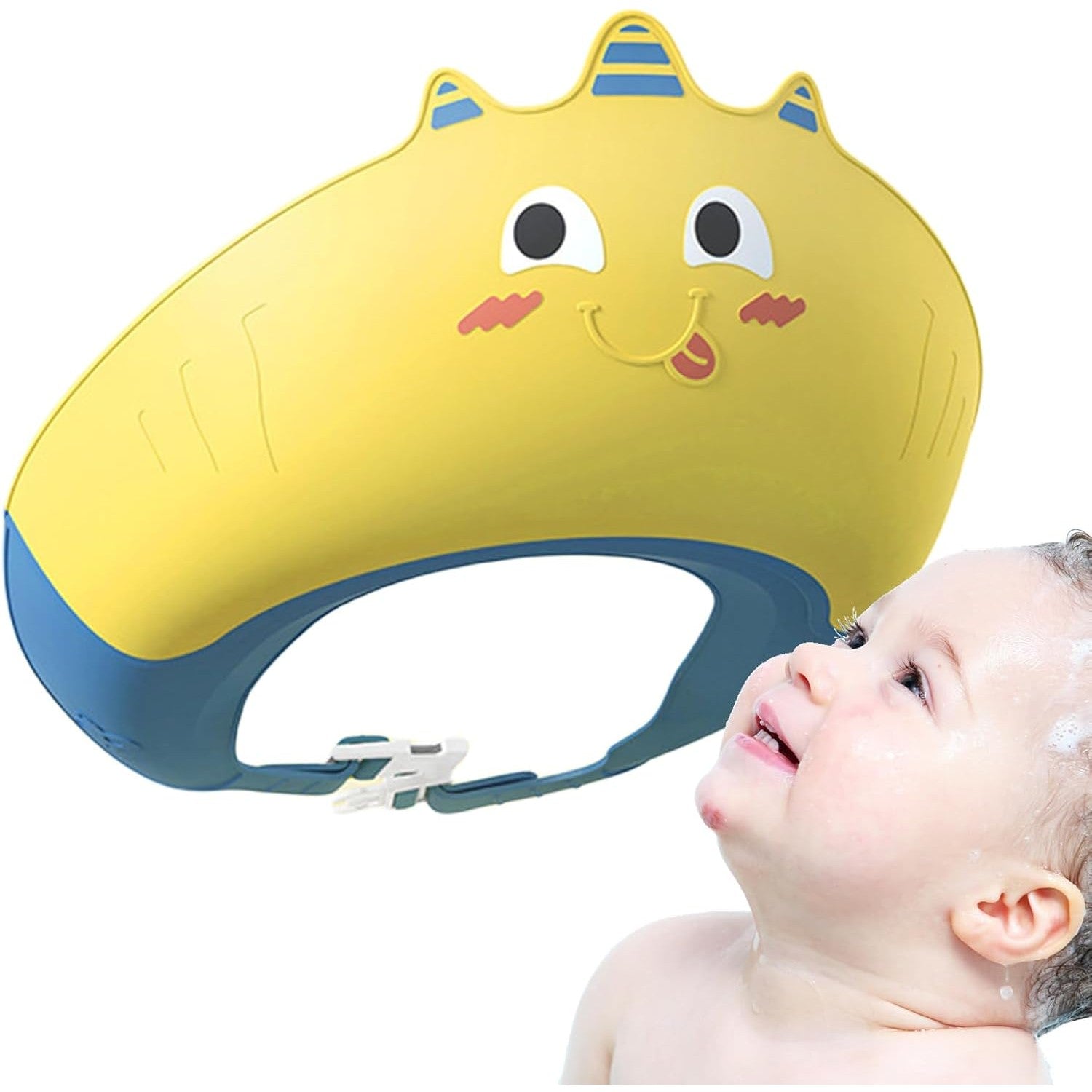 Casca de Dus, Kadeny, Previne Scurgerea Apei si Samponului pe Fata, 0-12 Ani, Ajustabila, din TPE+PP, 20 x 23 cm, Model Unicorn, Galben/Albastru