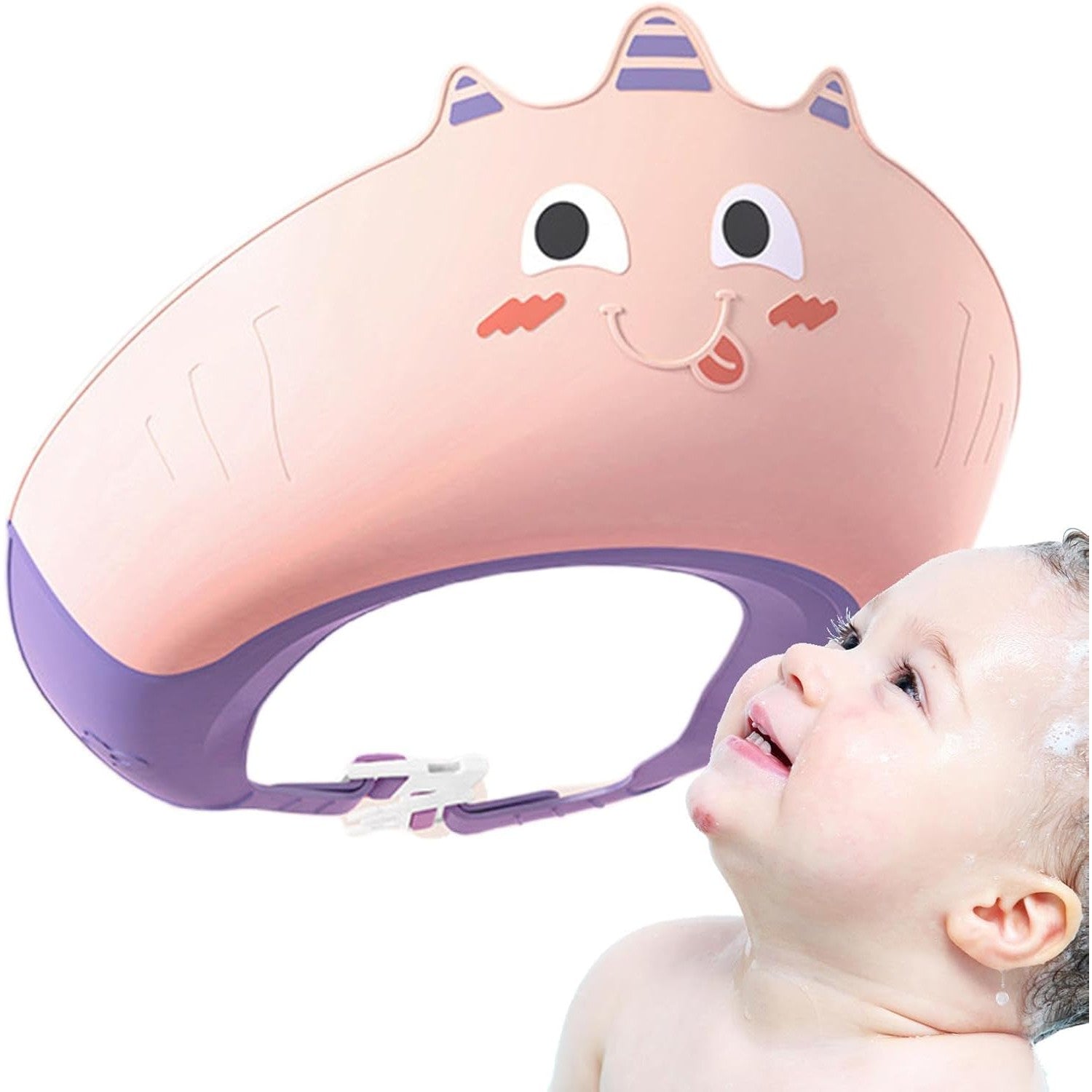 Casca de Dus, Kadeny, Previne Scurgerea Apei si Samponului pe Fata, 0-12 Ani, Ajustabila, din TPE+PP, 20 x 23 cm, Model Unicorn, Roz/Mov