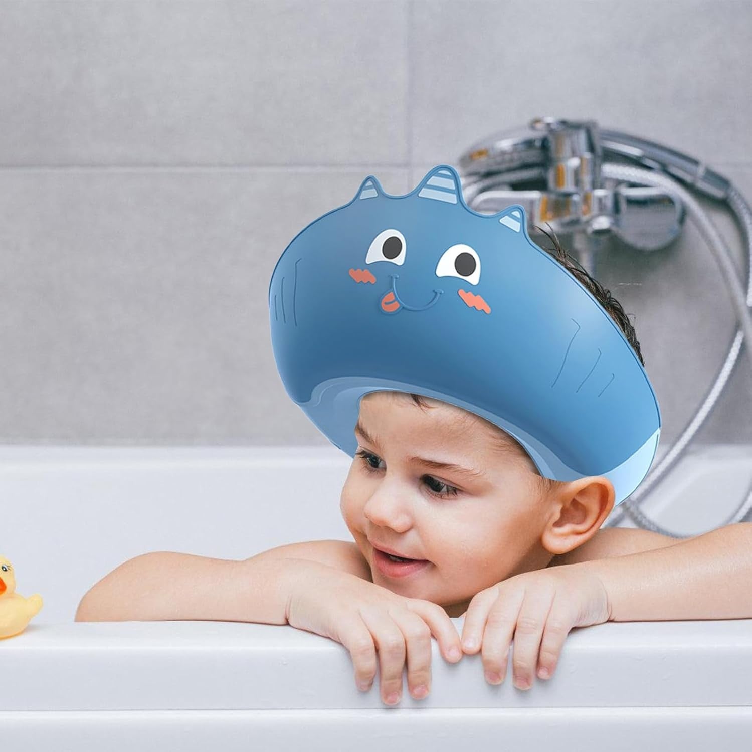 Casca de Dus, Kadeny, Previne Scurgerea Apei si Samponului pe Fata, 0-12 Ani, Ajustabila, din TPE+PP, 20 x 23 cm, Model Unicorn, Albastru