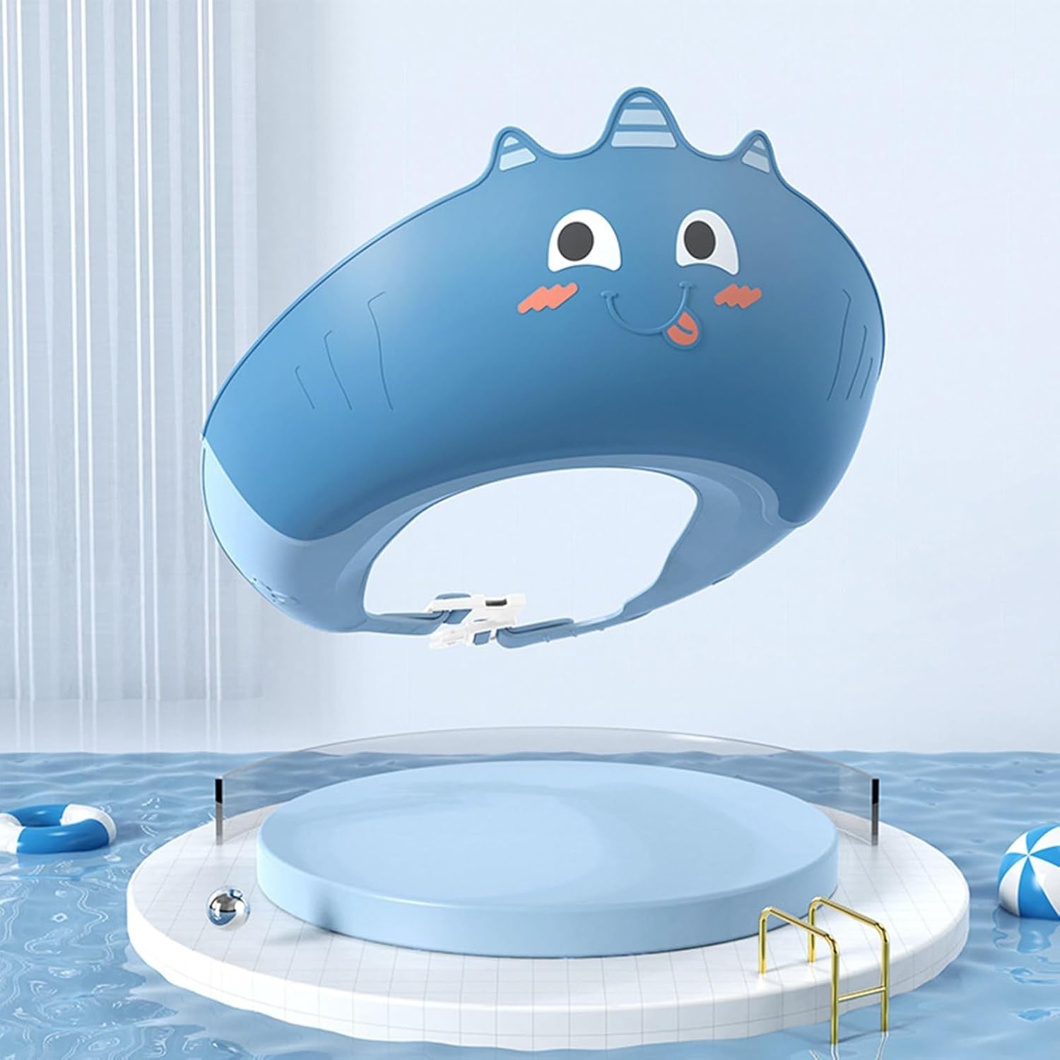 Casca de Dus, Kadeny, Previne Scurgerea Apei si Samponului pe Fata, 0-12 Ani, Ajustabila, din TPE+PP, 20 x 23 cm, Model Unicorn, Albastru