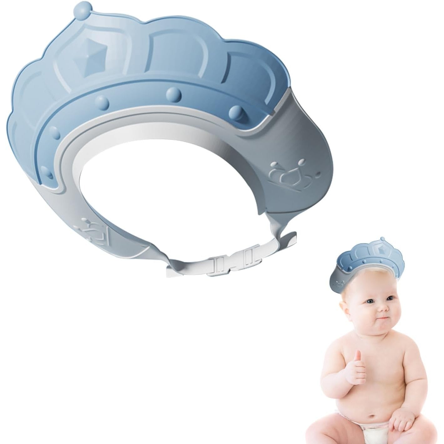 Casca de Dus, Kadeny, Previne Scurgerea Apei si Samponului pe Fata, 0-12 Ani, Ajustabila, din TPE+PP, 20 x 23 cm, Model Coroana, Albastru