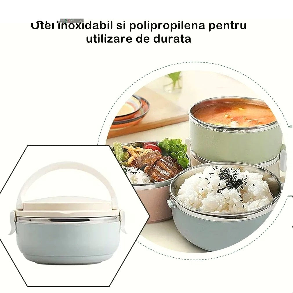 Caserola pentru alimente Kaveny, lunch box, 700 ml, otel inoxidabil, maner, valva aerisire, inchidere etansa, 15 x 8.5 cm, albastru