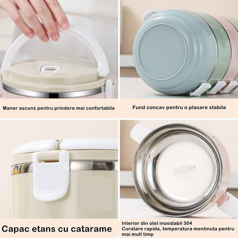 Caserola pentru alimente Kaveny, lunch box, 700 ml, otel inoxidabil, maner, valva aerisire, inchidere etansa, 15 x 8.5 cm, albastru