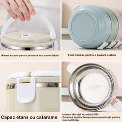 Caserola pentru alimente Kaveny, lunch box, 700 ml, otel inoxidabil, maner, valva aerisire, inchidere etansa, 15 x 8.5 cm, albastru
