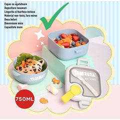 Caserola pentru copii Kaveny, lunch box, 750 ml, doua boluri, lingura, foarfeca din plastic, rezistenta la scurgeri, Albastra