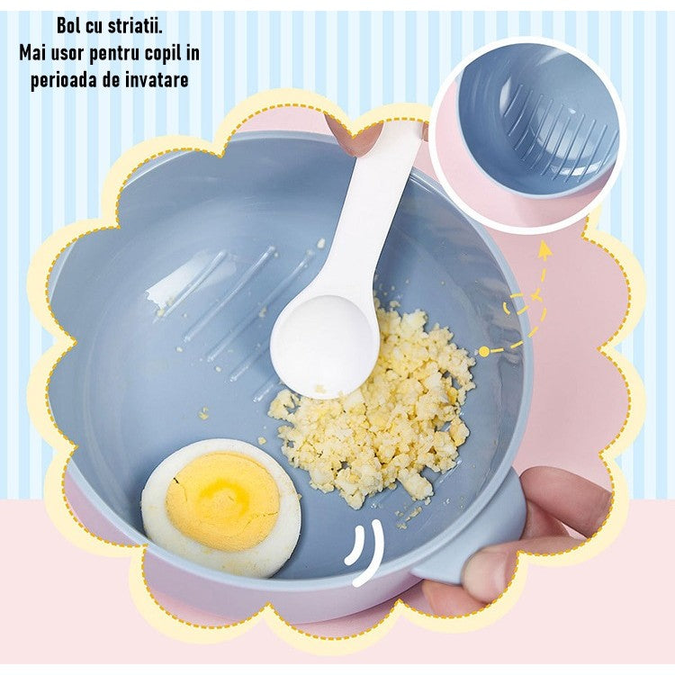 Caserola pentru copii Kaveny, lunch box, 750 ml, doua boluri, lingura, foarfeca din plastic, rezistenta la scurgeri, Albastra