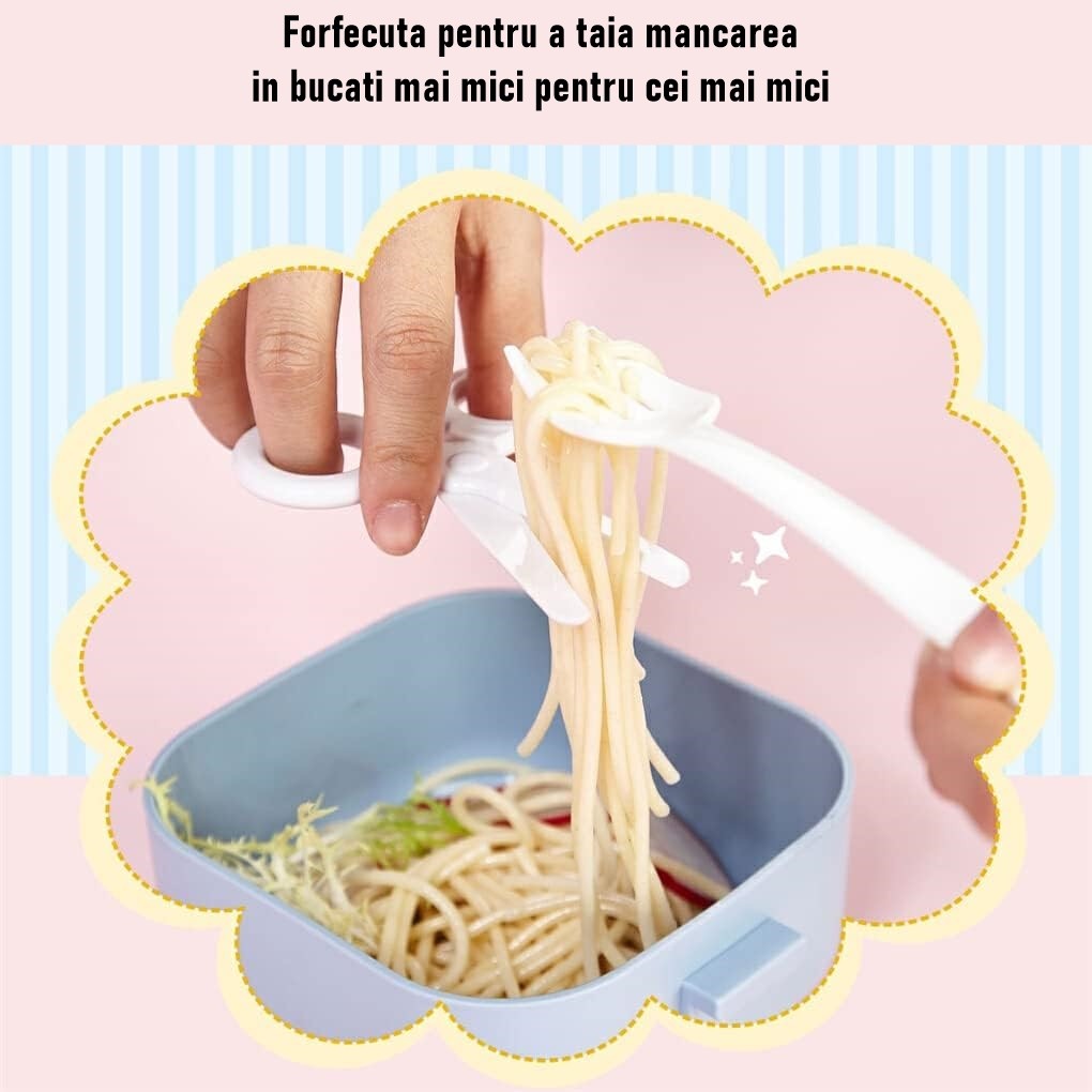 Caserola pentru copii Kaveny, lunch box, 750 ml, doua boluri, lingura, foarfeca din plastic, rezistenta la scurgeri, Albastra