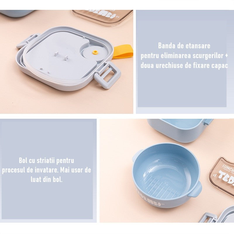 Caserola pentru copii Kaveny, lunch box, 750 ml, doua boluri, lingura, foarfeca din plastic, rezistenta la scurgeri, Albastra