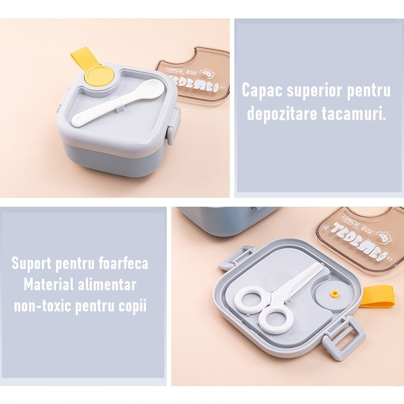 Caserola pentru copii Kaveny, lunch box, 750 ml, doua boluri, lingura, foarfeca din plastic, rezistenta la scurgeri, Albastra