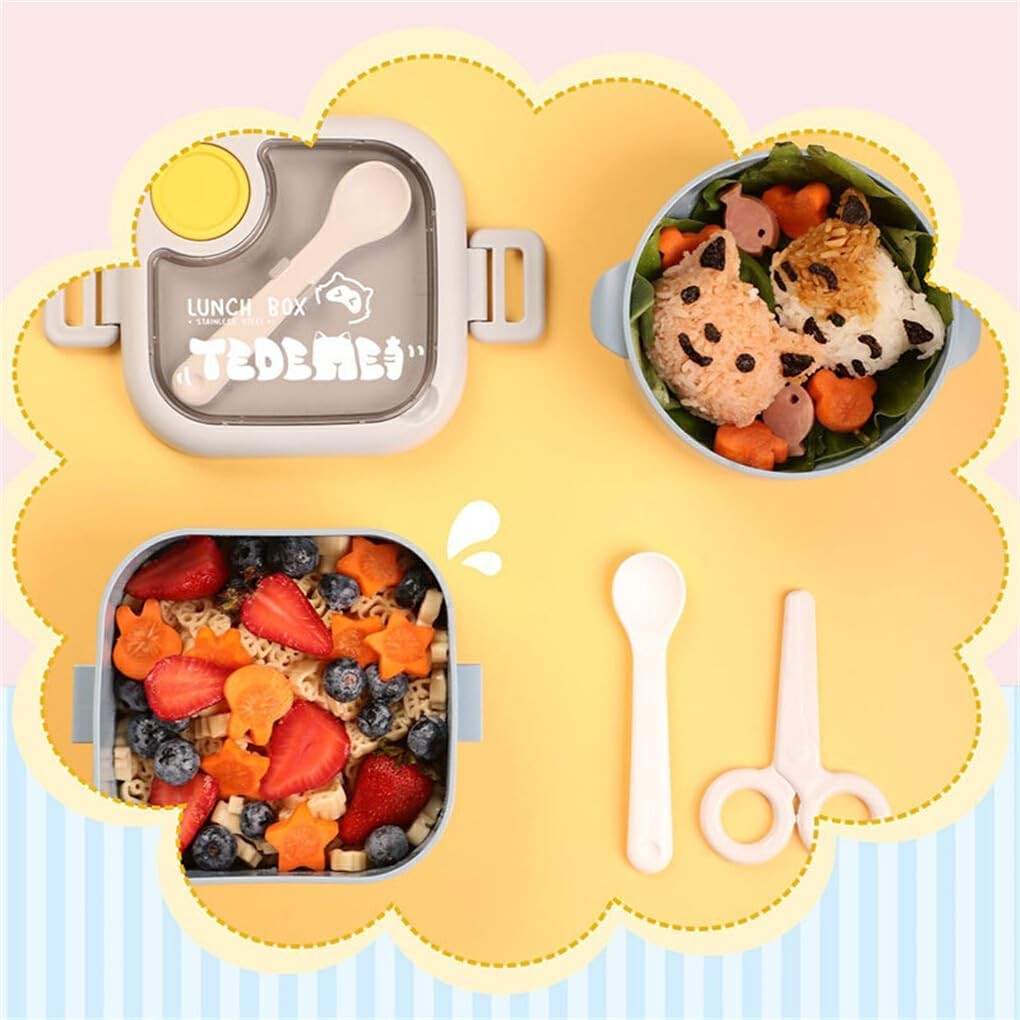 Caserola pentru copii Kaveny, lunch box, 750 ml, doua boluri, lingura, foarfeca din plastic, rezistenta la scurgeri, Albastra