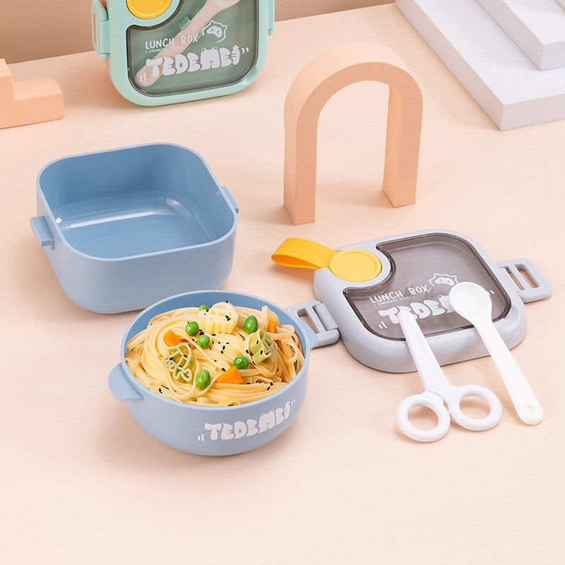 Caserola pentru copii Kaveny, lunch box, 750 ml, doua boluri, lingura, foarfeca din plastic, rezistenta la scurgeri, Albastra