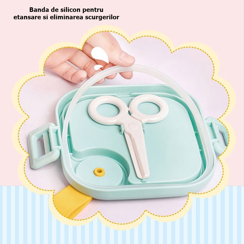 Caserola pentru copii Kaveny, lunch box, 750 ml, doua boluri, lingura, foarfeca din plastic, rezistenta la scurgeri, Albastra