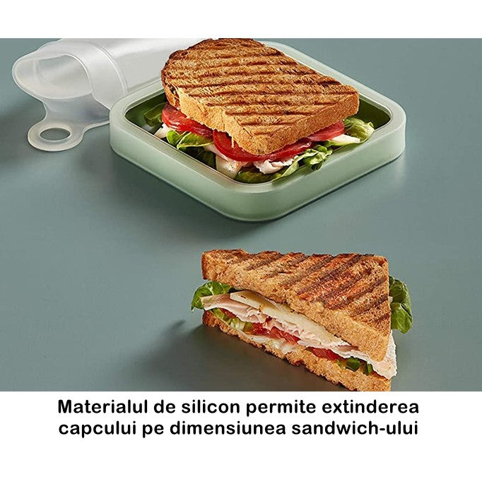 Caserola pentru sandwich Kaveny, din silicon si polipropilena, portabil, usor de curatat, capac anti-scurgere, reutilizabil, 15.5 x 15.5 x 2.5 cm, verde
