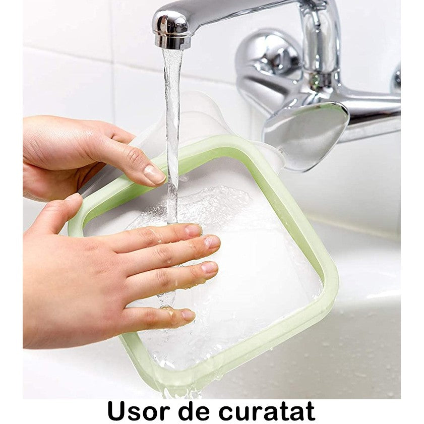 Caserola pentru sandwich Kaveny, din silicon si polipropilena, portabil, usor de curatat, capac anti-scurgere, reutilizabil, 15.5 x 15.5 x 2.5 cm, verde