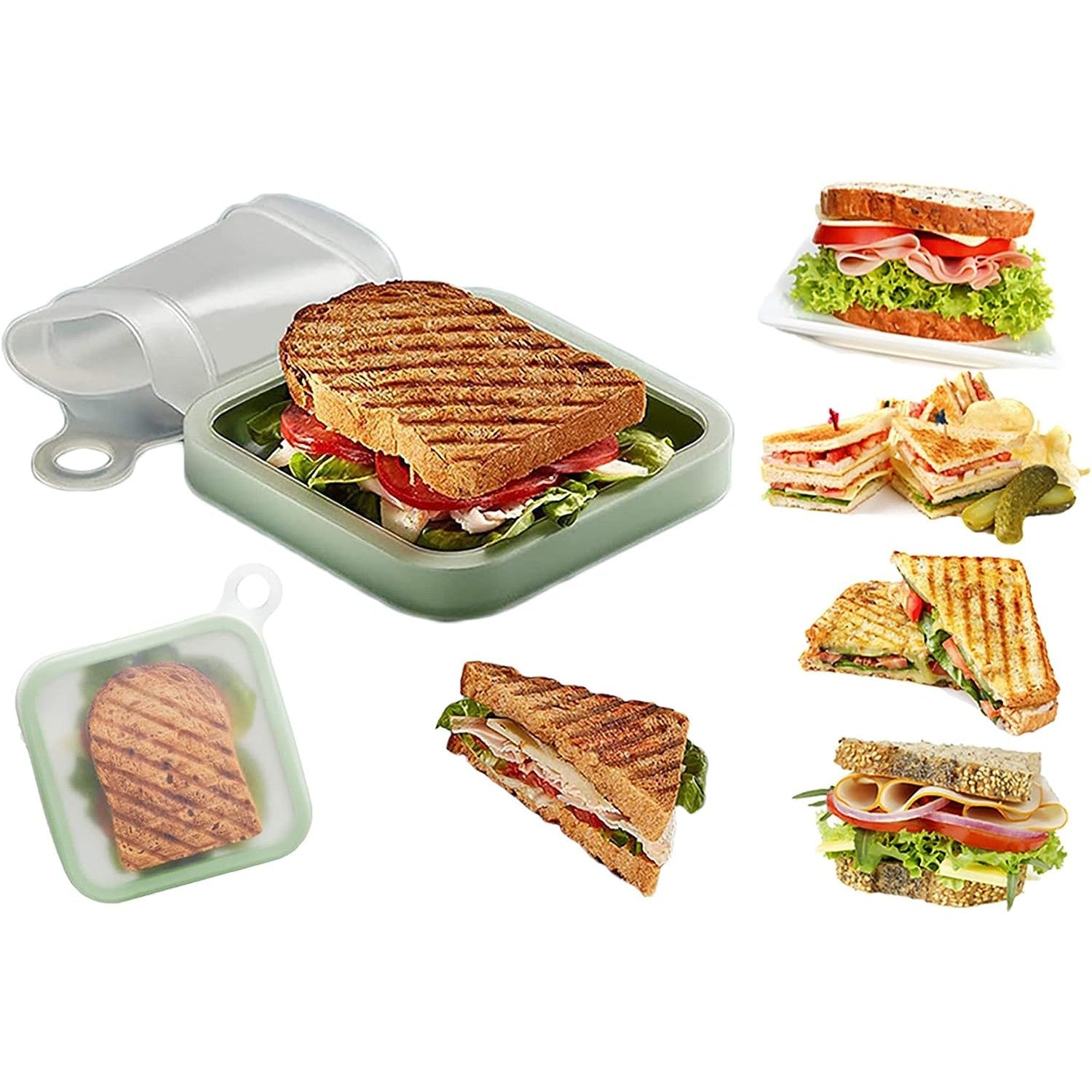 Caserola pentru sandwich Kaveny, din silicon si polipropilena, portabil, usor de curatat, capac anti-scurgere, reutilizabil, 15.5 x 15.5 x 2.5 cm, verde