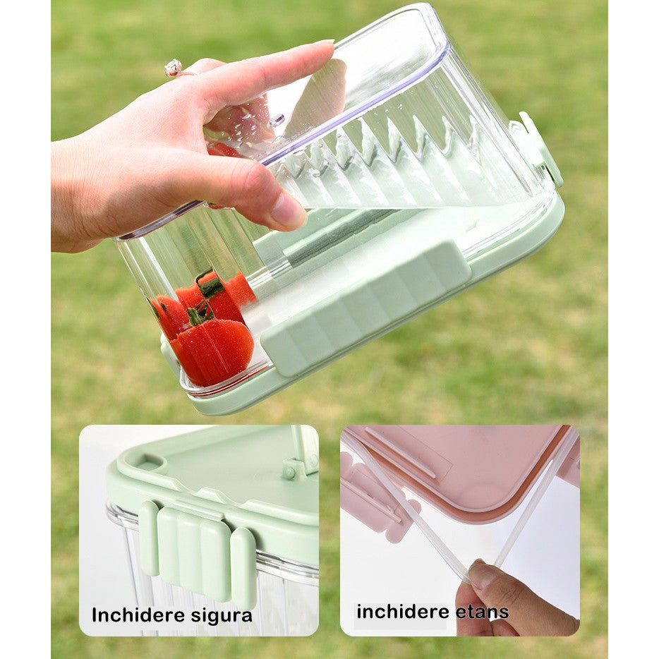 Caserola portabila pentru mancare fresh Kaveny, 1500 ml, 2 furculite,10 x 13.5 x 20 cm, 2 capace detasabile pentru congelator, etans, spatiu pentru tacamuri, maner, material plastic, rezistent la temperaturi ridicate, transparent