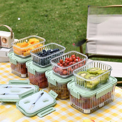 Caserola portabila pentru mancare fresh Kaveny, 550 ml, furculita pentru fructe, 7 x 11.5 x 16 cm, capac detasabil pentru congelator, etans, spatiu pentru tacamuri, maner, material plastic, rezistent la temperaturi ridicate, transparent