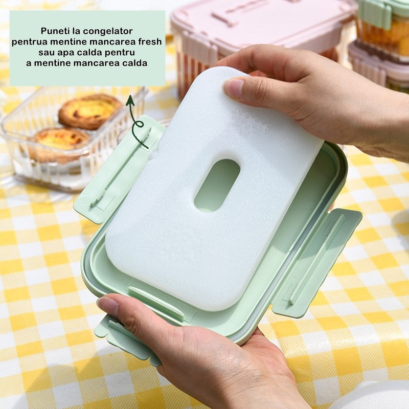 Caserola portabila pentru mancare fresh Kaveny, 550 ml, furculita pentru fructe, 7 x 11.5 x 16 cm, capac detasabil pentru congelator, etans, spatiu pentru tacamuri, maner, material plastic, rezistent la temperaturi ridicate, transparent