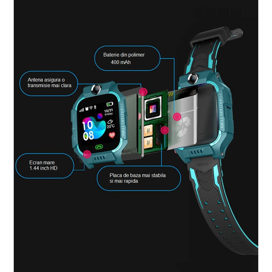 Ceas Smartwatch Kaveny, Pentru Copii, Model Q19 Z6, Localizare LBS, Istoric Traseu, Monitorizare Spion, Camera Foto, Lanterna, Chat Vocal, Apel SOS, Turcoaz