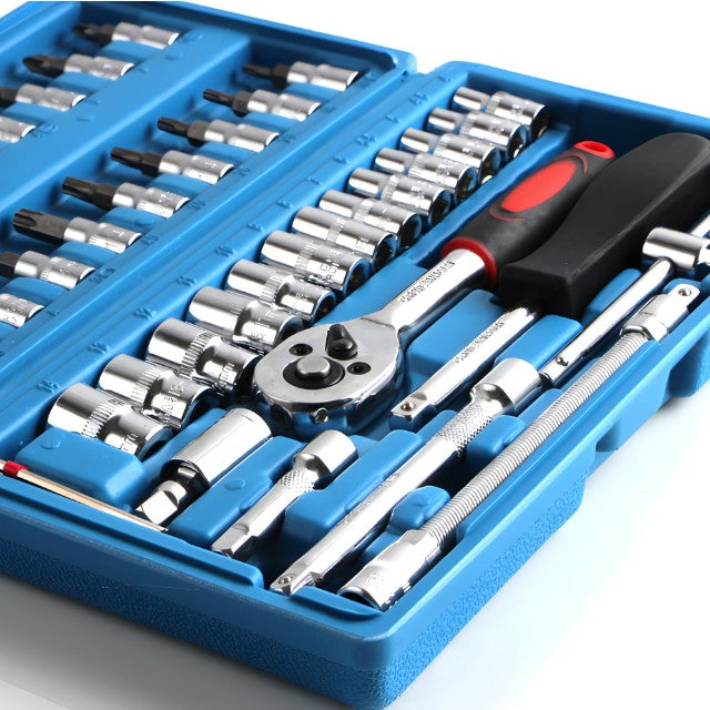 Chei tubulare Set 46 de Piese, Kadeny, Trusa Scule de Reparatii Auto, Prelungitoare Rigid si Flexibil, Articulatie Cardanica, Antrenor de Forta Glisant, Adaptoare, Maner pentru Surubelnita, 23 x 12 x 4 cm, 1.9 kg, Cutie Albastra