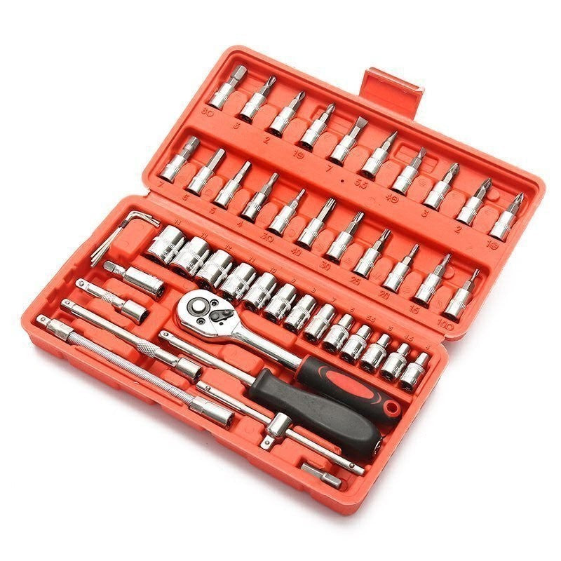 Chei tubulare Set 46 de Piese, Kadeny, Trusa Scule de Reparatii Auto, Prelungitoare Rigid si Flexibil, Articulatie Cardanica, Antrenor de Forta Glisant, Adaptoare, Maner pentru Surubelnita, 23 x 12 x 4 cm, 1.9 kg, Cutie Rosie