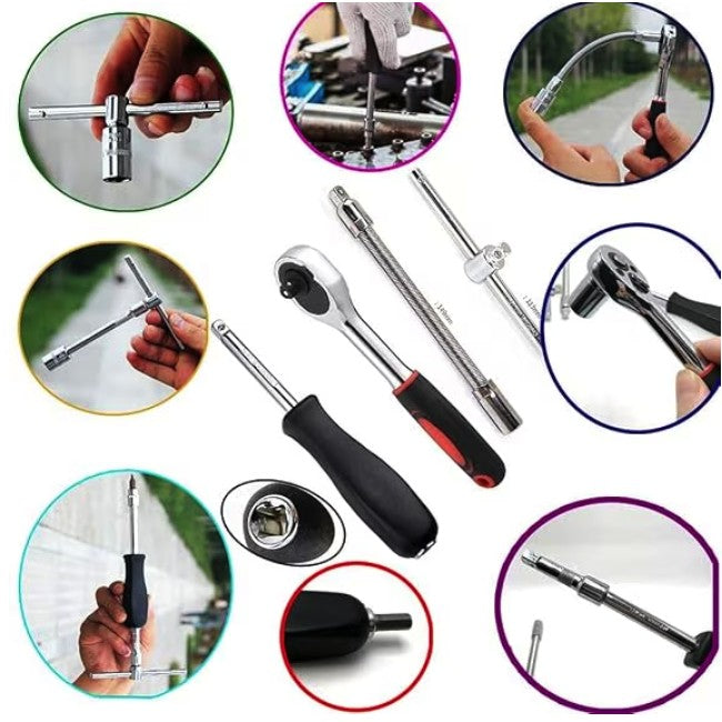 Chei tubulare Set 46 de Piese, Kadeny, Trusa Scule de Reparatii Auto, Prelungitoare Rigid si Flexibil, Articulatie Cardanica, Antrenor de Forta Glisant, Adaptoare, Maner pentru Surubelnita, 23 x 12 x 4 cm, 1.9 kg, Cutie Rosie