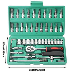 Chei tubulare Set 46 de Piese, Kadeny, Trusa Scule de Reparatii Auto, Prelungitoare Rigid si Flexibil, Articulatie Cardanica, Antrenor de Forta Glisant, Adaptoare, Maner pentru Surubelnita, 23 x 12 x 4 cm, 1.9 kg, Cutie Verde