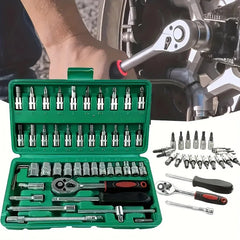 Chei tubulare Set 46 de Piese, Kadeny, Trusa Scule de Reparatii Auto, Prelungitoare Rigid si Flexibil, Articulatie Cardanica, Antrenor de Forta Glisant, Adaptoare, Maner pentru Surubelnita, 23 x 12 x 4 cm, 1.9 kg, Cutie Verde