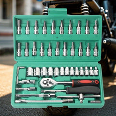 Chei tubulare Set 46 de Piese, Kadeny, Trusa Scule de Reparatii Auto, Prelungitoare Rigid si Flexibil, Articulatie Cardanica, Antrenor de Forta Glisant, Adaptoare, Maner pentru Surubelnita, 23 x 12 x 4 cm, 1.9 kg, Cutie Verde