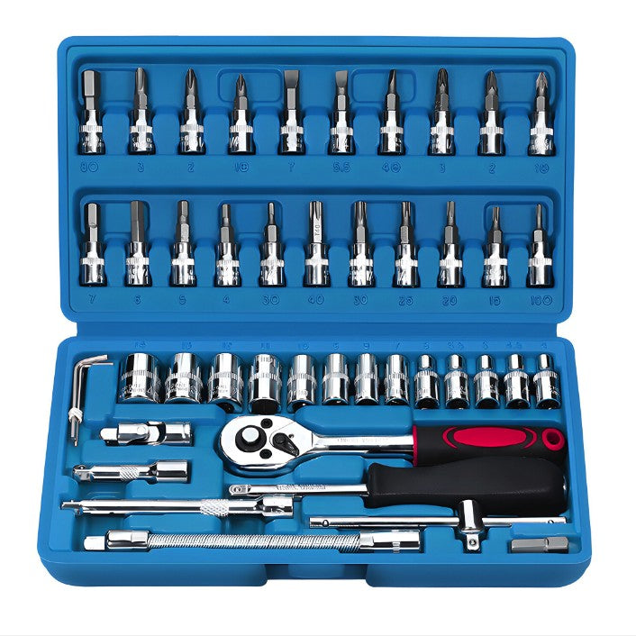 Chei tubulare Set 46 de Piese, Kadeny, Trusa Scule de Reparatii Auto, Prelungitoare Rigid si Flexibil, Articulatie Cardanica, Antrenor de Forta Glisant, Adaptoare, Maner pentru Surubelnita, 23 x 12 x 4 cm, 1.9 kg, Cutie Albastra