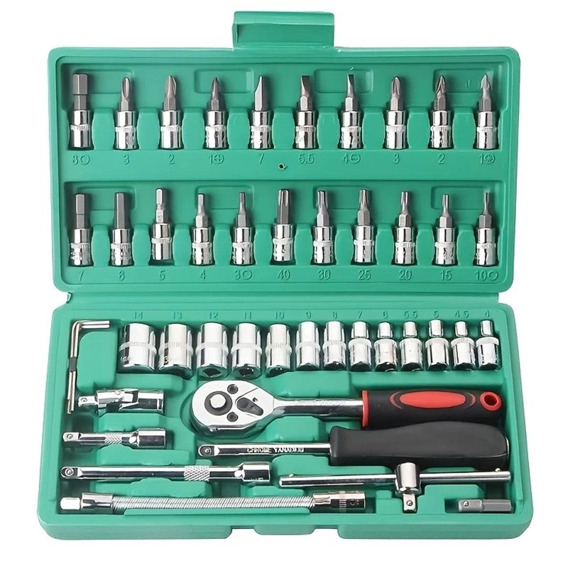 Chei tubulare Set 46 de Piese, Kadeny, Trusa Scule de Reparatii Auto, Prelungitoare Rigid si Flexibil, Articulatie Cardanica, Antrenor de Forta Glisant, Adaptoare, Maner pentru Surubelnita, 23 x 12 x 4 cm, 1.9 kg, Cutie Verde